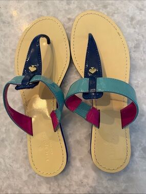 kate spade patent leather thong sandals in navy, teal & magenta
